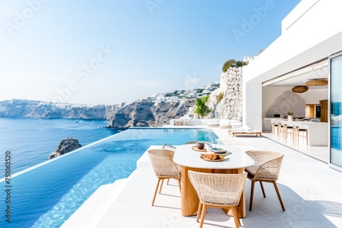 A modern cliffside villa with an infinity pool overlooking the sea. Copy space © Margo_Alexa