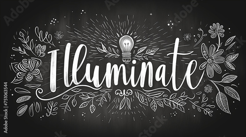 The word "illuminate" is written in chalk on a blackboard, creating a striking visual contrast between the white text and the dark background
