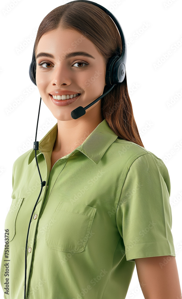 Friendly female customer service agent wearing green shirt and headset isolated. Friendly female customer service agent wearing green shirt and headset isolated.