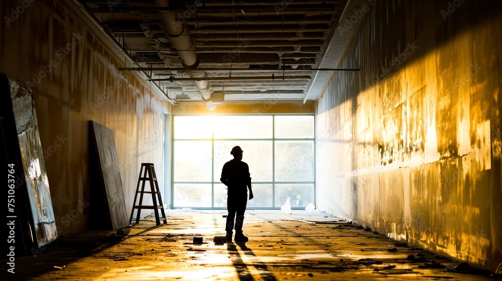 A silhouetted figure stands on a construction site, illuminated by the warm light of the setting sun.