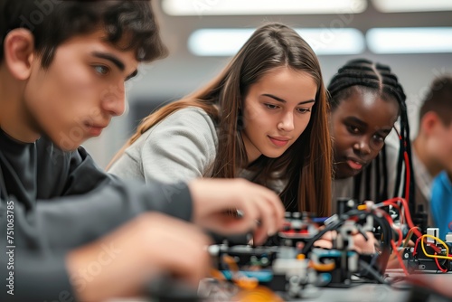 Group of diversity multiethnic students building and programming electric toys and robots at robotics classroom