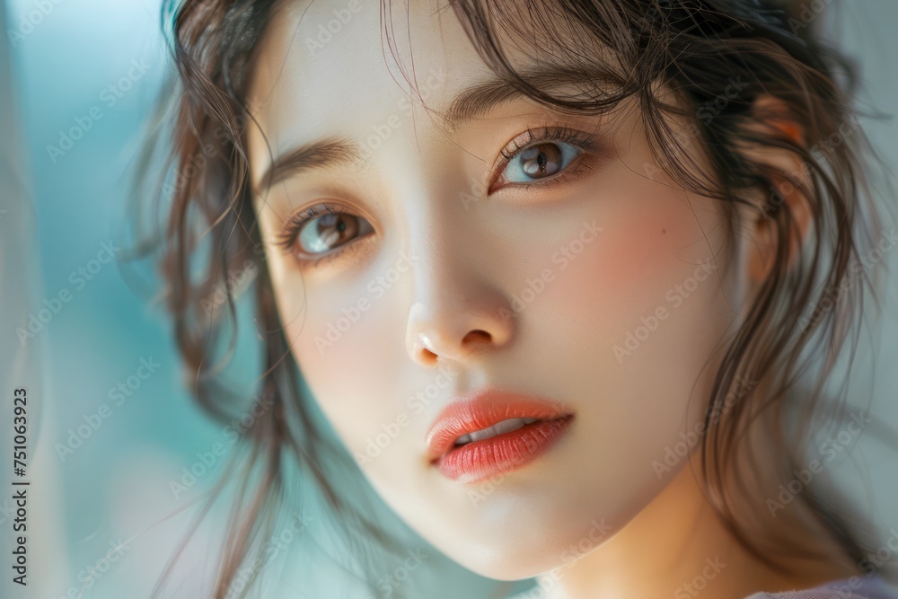 Close-up Portrait of a Young Woman with Natural Makeup and Beautiful Brown Eyes in Soft Lighting