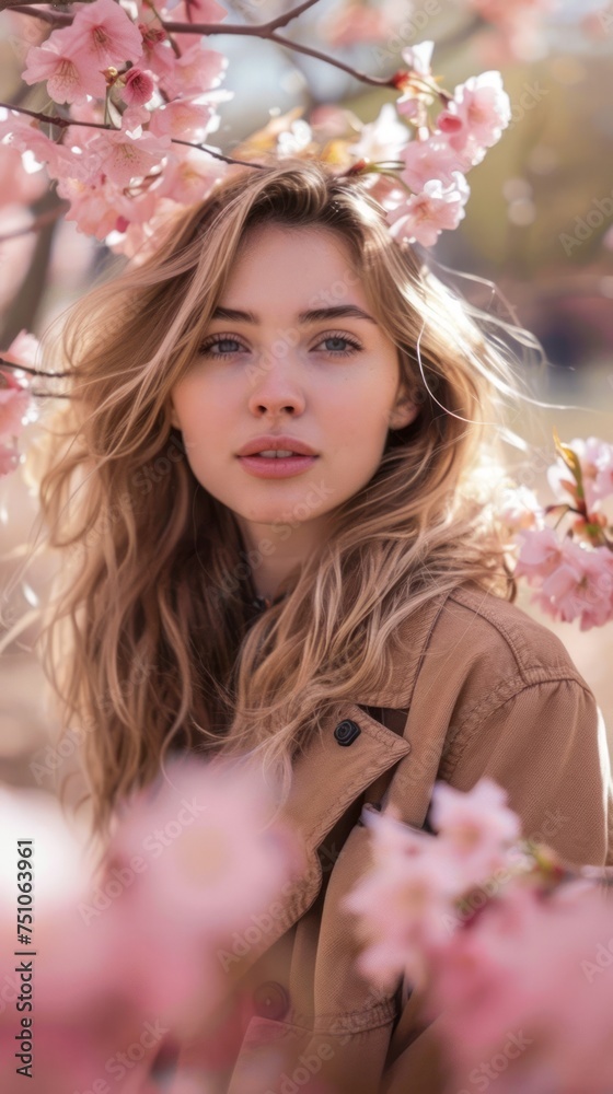 Fototapeta premium Young Woman Posing with Cherry Blossoms in Springtime, Natural Beauty Outdoor Portrait, Serene Attractive Female in Blooming Garden, Romantic Floral Background, Lifestyle Fashion