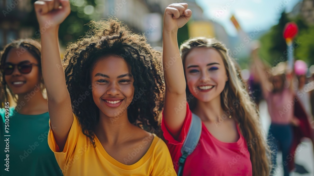 Street Photo of young multi-racial  women in peaceful protest, power, female empowerment