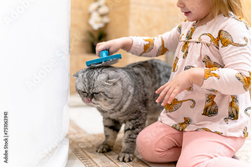 pet care : cute child combs wool her cat