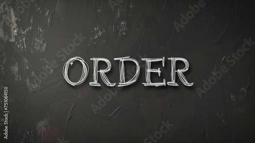 The word "order" is carefully written in white chalk on a blackboard, showcasing correct sentence structure