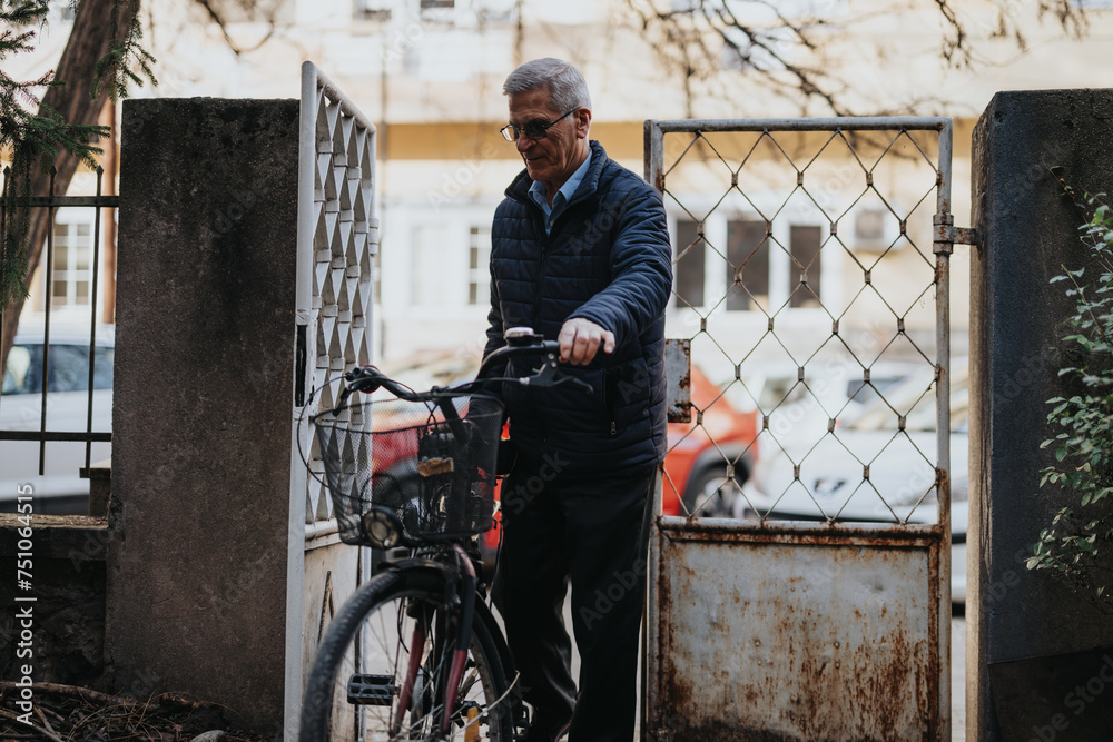 Senior man with glasses exiting gate with bicycle in urban setting. Senior man with glasses exiting gate with bicycle in urban setting.