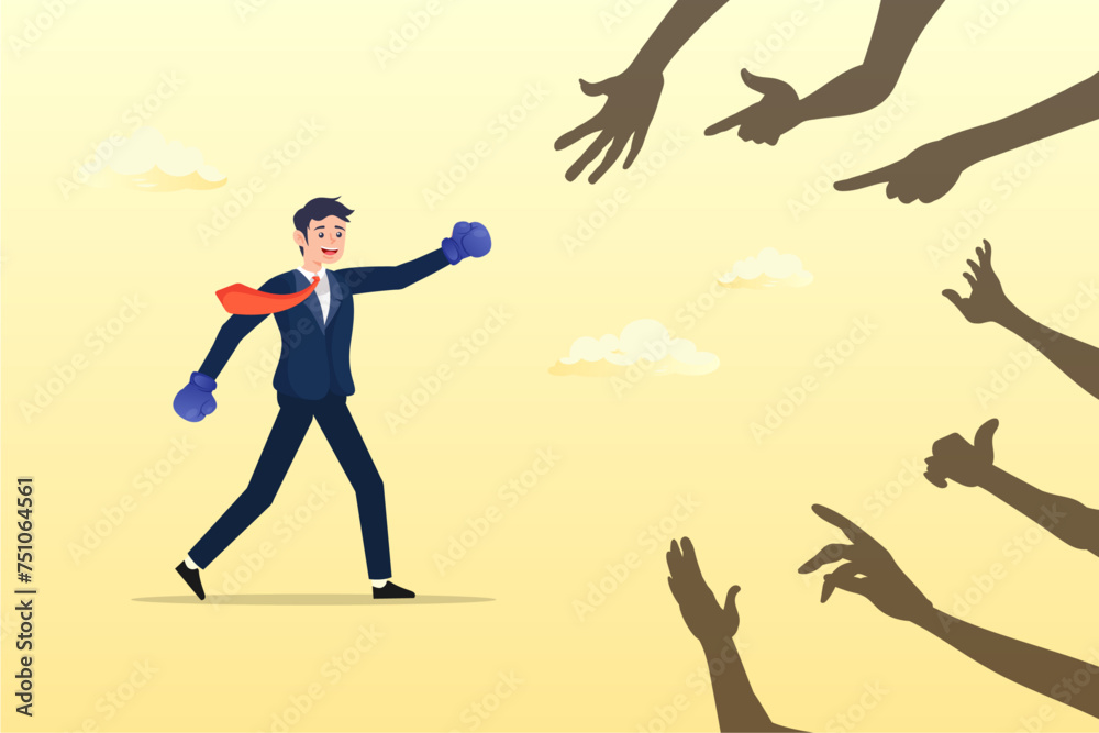 Businessman with boxing glove fighting fear horror hands, overcome fear challenge difficulty, courage to fight back win over obstacle or difficulty, confrontation or confidence to defeat fear (Vector)