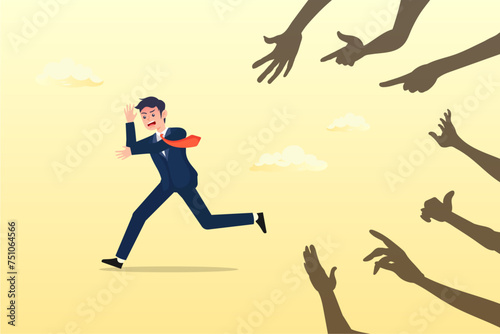 Frightened businessman running away from creepy monster hand chasing, fear or struggle from business failure, anxiety, depression or panic attack, afraid or negative feeling, mental disorder (Vector)