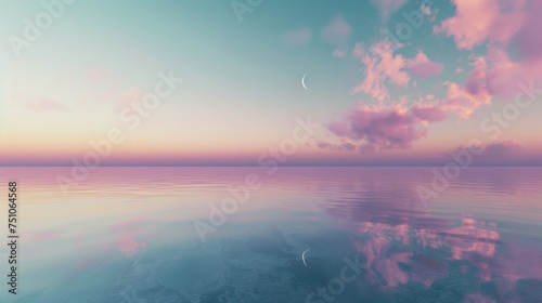 colorful from purple to soft green and clean horizon with few clouds and far with a crescent moon