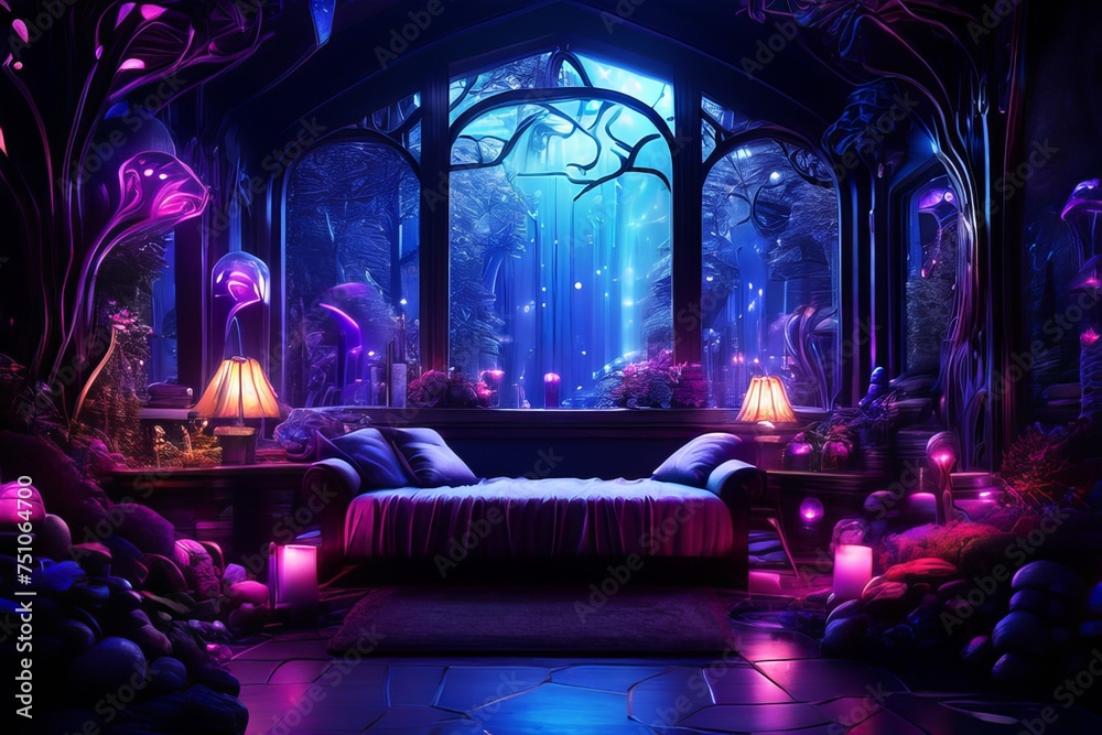 Fancy magical bedroom in a forest, magic myths bedroom , Spiritual Heaven concept art