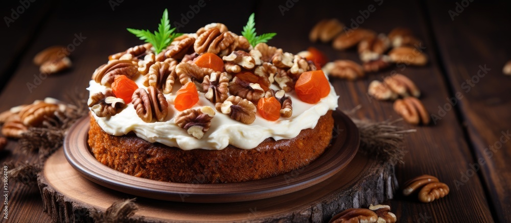 A rustic-style carrot cake topped with cream cheese and walnuts sits on a dark wooden table in a simple and elegant setting. A rustic-style carrot cake topped with cream cheese and walnuts sits on a dark wooden table in a simple and elegant setting.