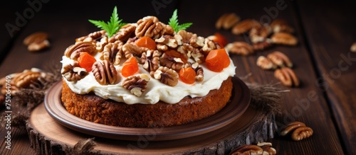 A rustic-style carrot cake topped with cream cheese and walnuts sits on a dark wooden table in a simple and elegant setting.