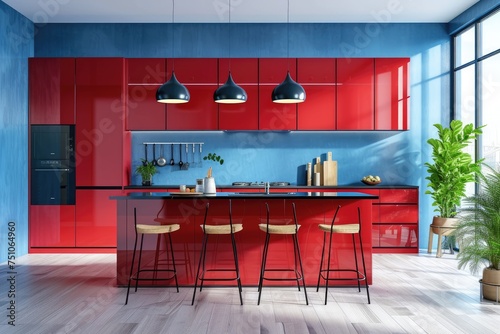 Modern red kitchen interior with furniture, kitchen interior with blue walls © LivroomStudio