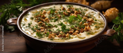 A bowl filled with cheesy eriste, a Turkish noodle dish, topped with walnuts and parsley garnish. The dish looks delicious and savory, ready to be enjoyed by the diner.