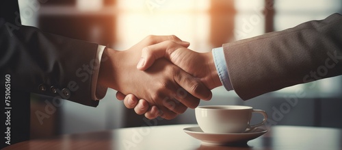 Two business individuals are shaking hands over a cup of coffee, sealing an agreement after concluding a successful meeting to plan strategies in an office setting. photo