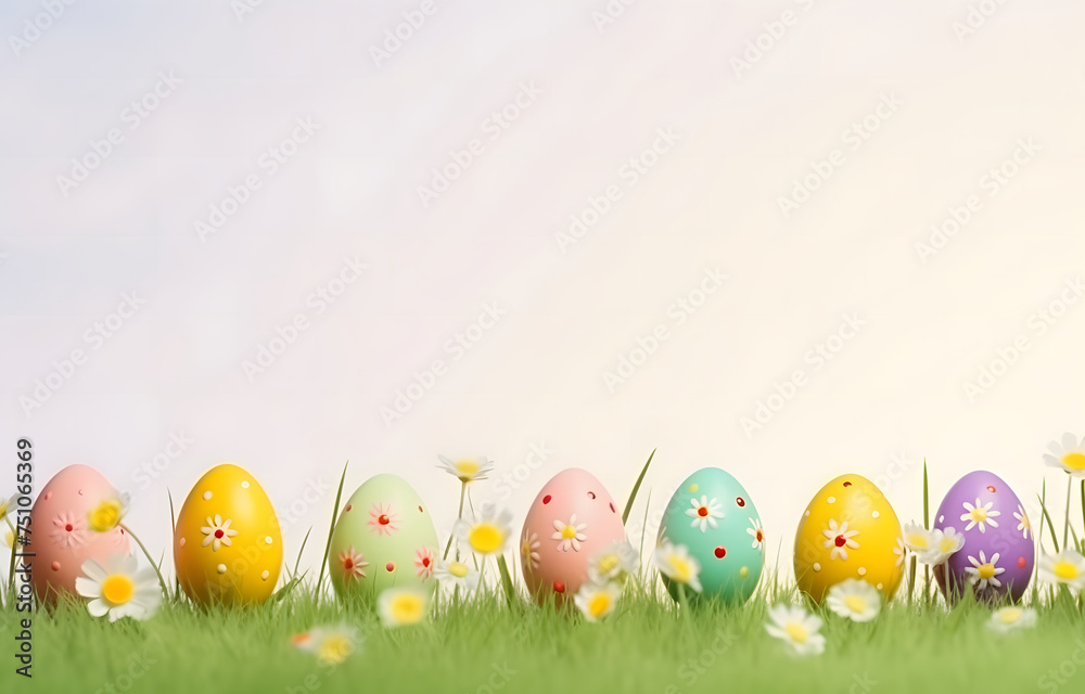 Colorful easter eggs with flowers and green grass