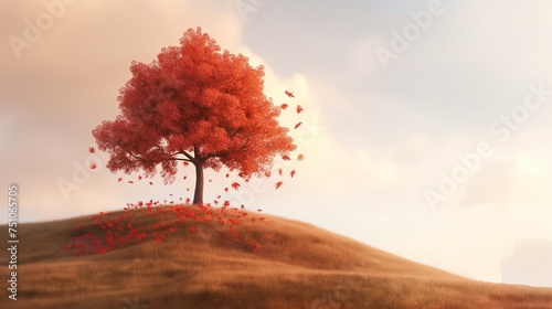 A lone tree on a hill  its branches reaching into the sky  adorned with fiery red leaves  standing as a testament to the beauty of autumn.