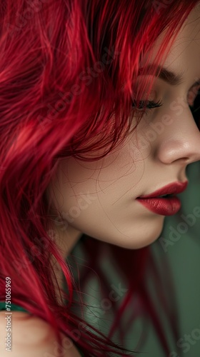 Close-up of a woman with red colored hair in a style of versatility and ease of maintenance. Attractive hair style in red color in modern and elegant trend.