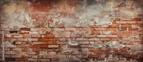 An old vintage brick wall with cracked concrete forms the background of the image. The bricks show signs of wear and tear, with peeling paint adding to the weathered appearance.