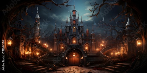 Illustration of a fantasy castle at night with lights. 3d rendering
