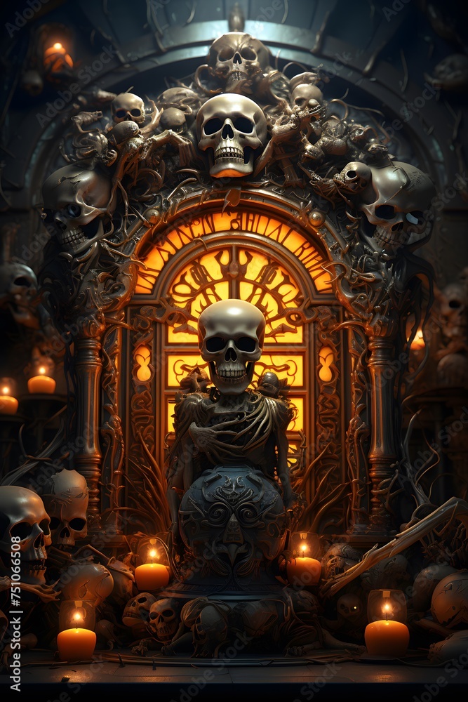 Skulls in the interior of the church. 3d rendering