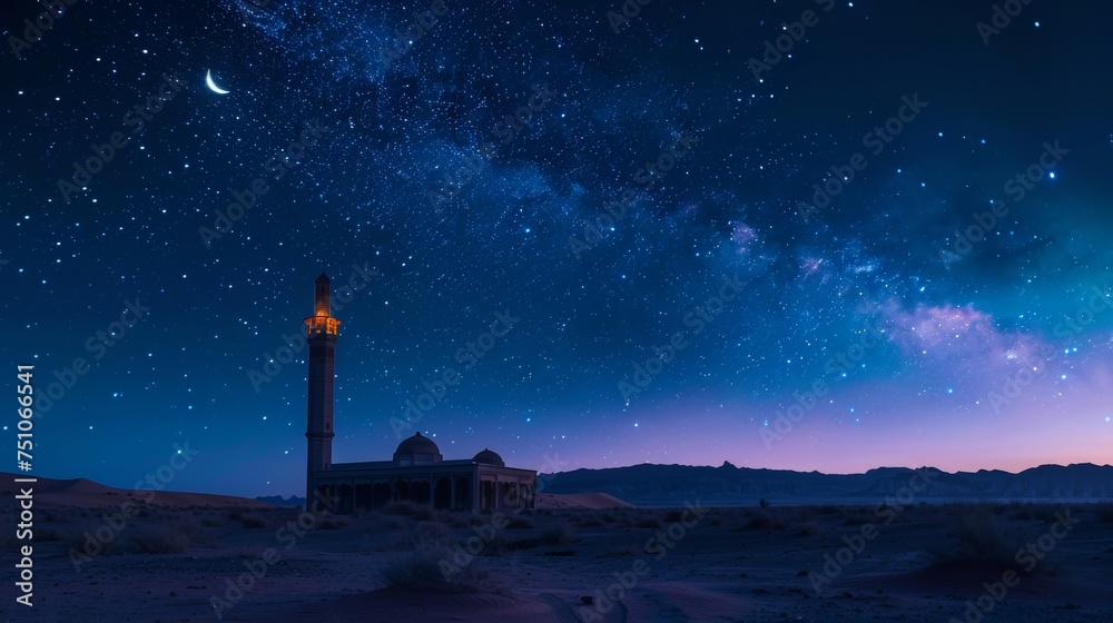 The silhouette of a grand mosque stands against the mesmerizing backdrop of a galaxy, highlighting the harmony between spirituality and the cosmos.