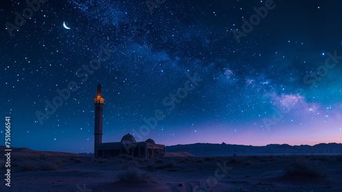 The silhouette of a grand mosque stands against the mesmerizing backdrop of a galaxy  highlighting the harmony between spirituality and the cosmos.