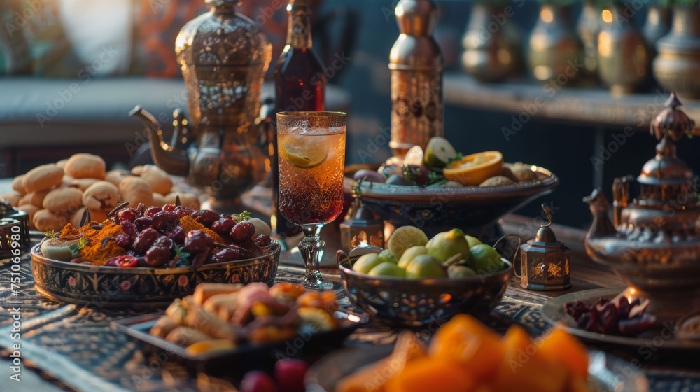 Drinks, and the variety of Ramadan foods is vast, reflecting the diverse cultures and traditions within the Muslim world - obrazy, fototapety, plakaty 