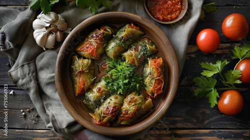 Dolma: Stuffed grape leaves, peppers, or courgettes with rice, meat, and spices.Ramadan foods. photo