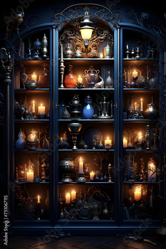 Lanterns and candlesticks in an old bookcase