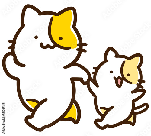 親子で手を繋いで散歩するかわいいねこ達のキャラクターのデフォルメイラスト