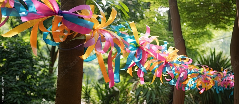 Multicolored streamers and ribbons hang from the branches of a tree in a tropical garden, creating a vibrant and festive maypole decoration.