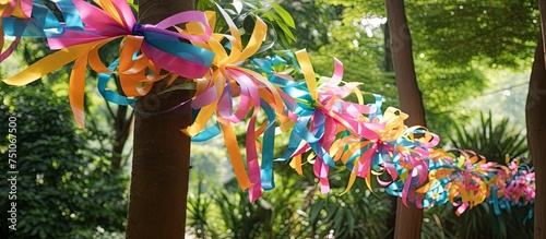 Multicolored streamers and ribbons hang from the branches of a tree in a tropical garden, creating a vibrant and festive maypole decoration.