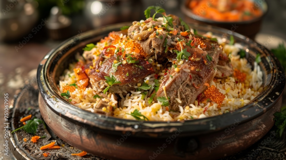 Mansaf: Jordanian dish of lamb cooked in yogurt sauce served on a bed of flatbread and rice.Ramadan foods.
