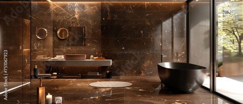 Contemporary en-suite bathroom with natural stone tiles and marble fragments in cappuccino brown