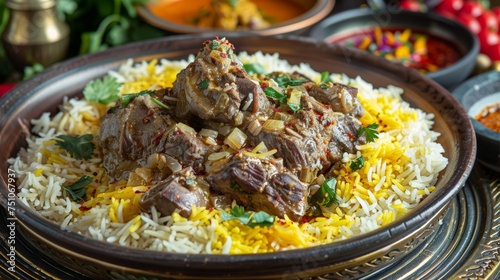 Mansaf: Jordanian dish of lamb cooked in yogurt sauce served on a bed of flatbread and rice.Ramadan foods. photo