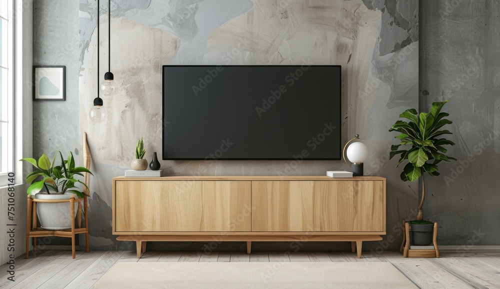 Luxury wall living room, modern flat television on brown wood panel wall, leather sofa, mid century style shelf in sunlight from window for interior design background, tv screen with decoration Luxury wall living room, modern flat television on brown wood panel wall, leather sofa, mid century style shelf in sunlight from window for interior design background, tv screen with decoration