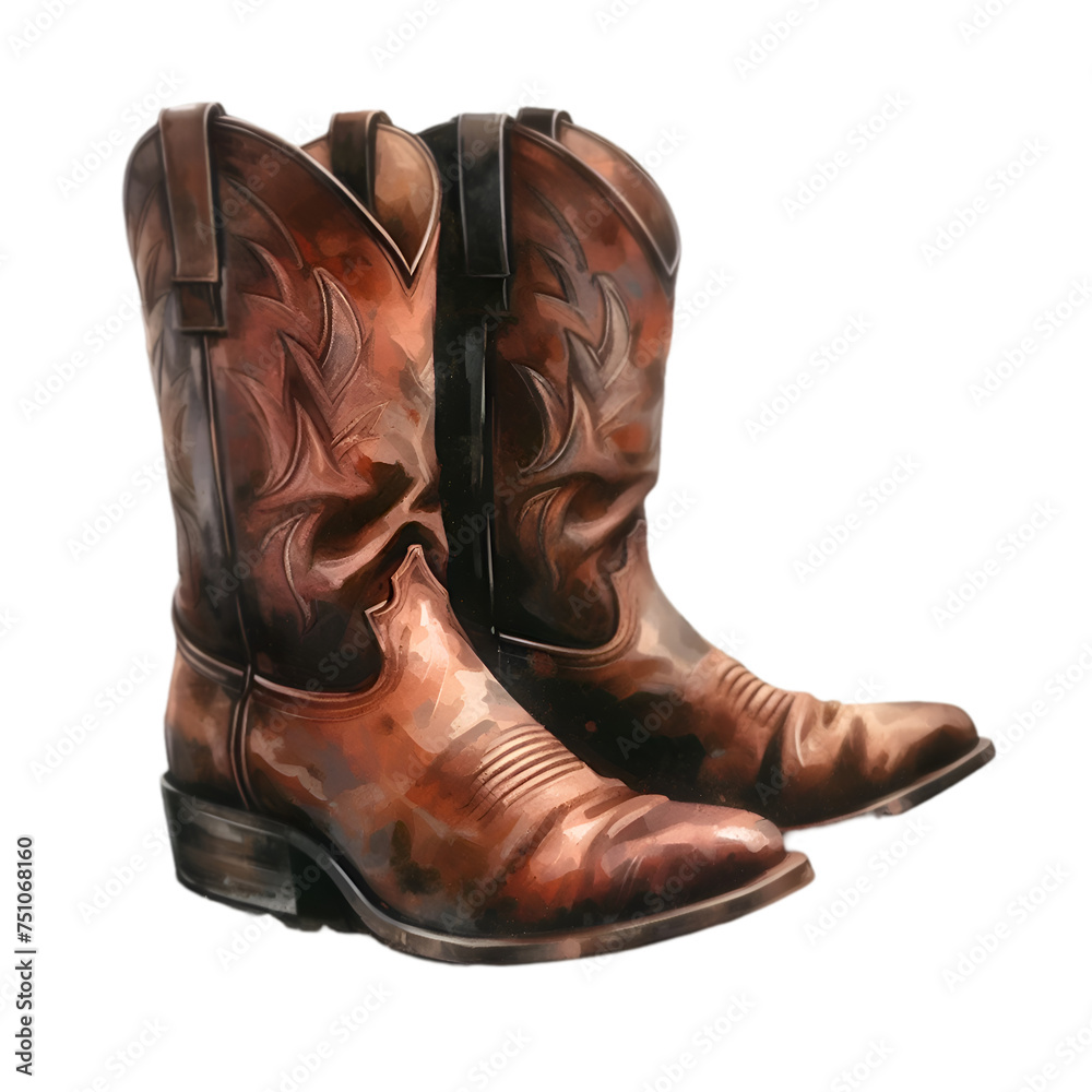 A pair of brown leather cowboy boots stands isolated on a white background