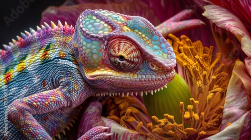 A captivating close-up of a chameleon perched delicately on a vibrant flower, showcasing nature's mesmerizing beauty