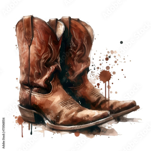 A pair of brown leather cowboy boots stands isolated on a white background