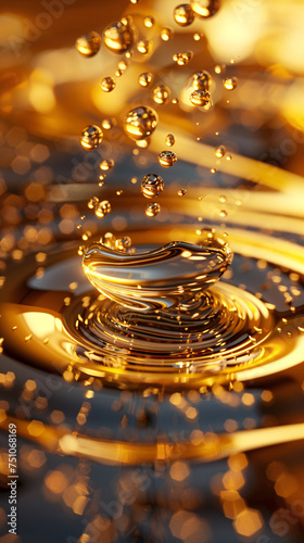 Golden water droplets splashing close-up on water surface 3d illustration, essential oil droplet molecules macro close-up