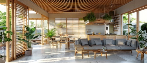 Cosy wooden sustainable living room and kitchen in gray tones with bamboo ceiling. Sofa, dining table, chairs. Potted plants. Ceramic floor. Environmental friendly interior design, 3d illustration