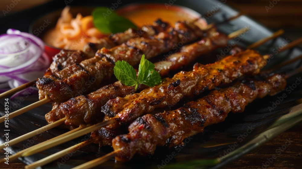 Satay: Skewers of marinated meat grilled over charcoal and served with peanut sauce.Ramadan foods.