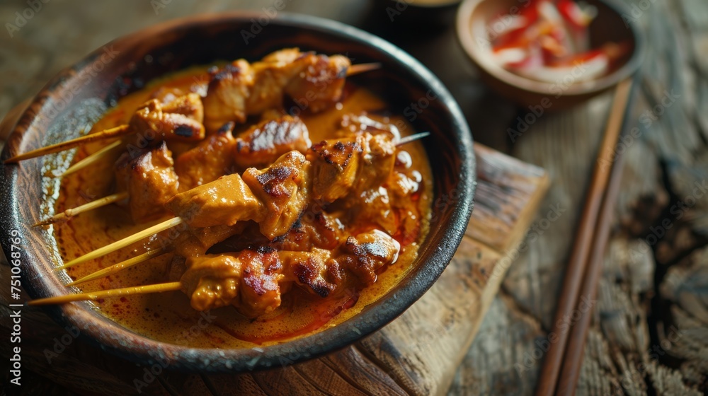 Satay: Skewers of marinated meat grilled over charcoal and served with peanut sauce.Ramadan foods. Satay: Skewers of marinated meat grilled over charcoal and served with peanut sauce.Ramadan foods.