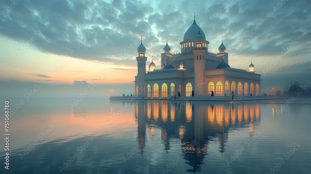 A tranquil evening falls upon a majestic mosque, its beauty enhanced by reflective courtyards and floating lanterns that cast a serene glow on the sacred architecture. - obrazy, fototapety, plakaty 