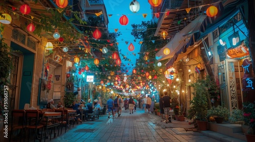 A bustling night market alley comes alive with a magical atmosphere, created by vibrant, colorful lights that adorn the walkway, inviting exploration and discovery. photo