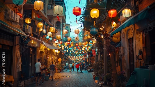 A bustling night market alley comes alive with a magical atmosphere, created by vibrant, colorful lights that adorn the walkway, inviting exploration and discovery.