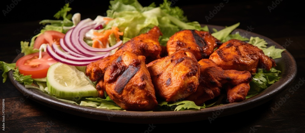 A close-up view of Chicken Tikka Murgh Tikka served with a side of fresh vegetables and salad on a wooden table. A close-up view of Chicken Tikka Murgh Tikka served with a side of fresh vegetables and salad on a wooden table.