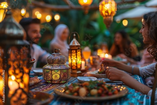 A family gathered around a richly decorated Iftar table in their garden, sharing stories and laughter as they break their fast, with traditional lanterns casting a warm glow.